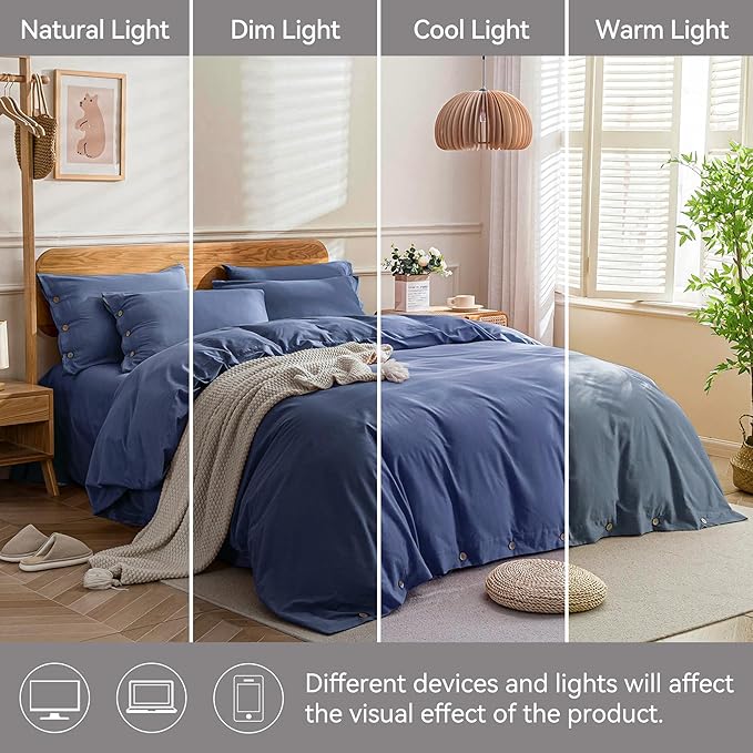 JELLYMONI Cotton Duvet Cover Queen Size - Blue Comforter Cover with Button 100% Washed Cotton 3PCS Breathable Soft Solid Bedding Set Duvet Cover 90×90in & 2 Pillowcases (NO Comforter)