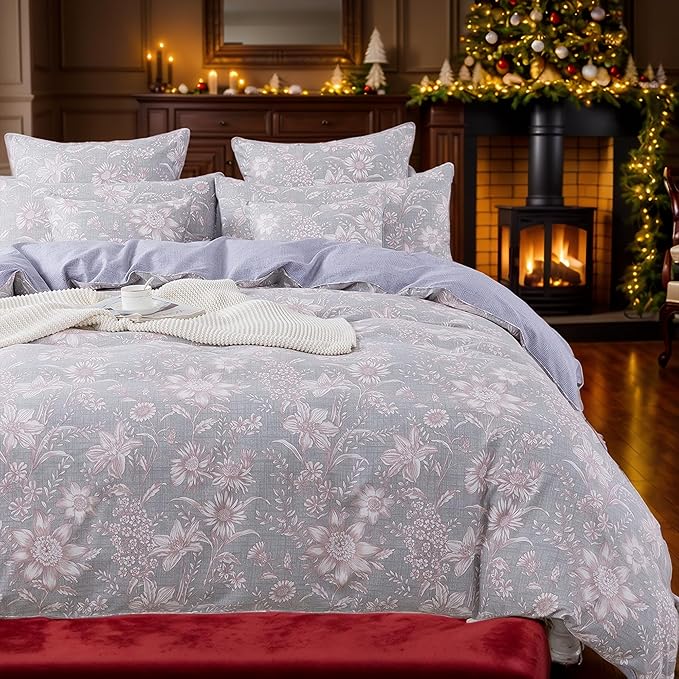 FADFAY Duvet Cover Set Twin Shabby Pink and Grey Floral Quilt Cover Vintage Sunflower Bedding Elegant Summer Bedding 100% Cotton Soft Comforter Cover with Hidden Zipper Closure 3Pcs, Twin Size