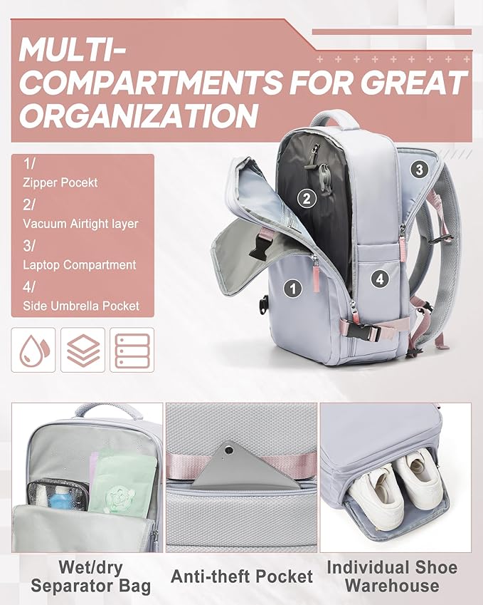 suwasp Vacuum Compression Backpack, 45L Expandable Travel Backpack with Electric Vacpack Pump, Travel Vacuum Bags with Shoe Compartment/17inch Laptop Compartment/USB Port, Grey