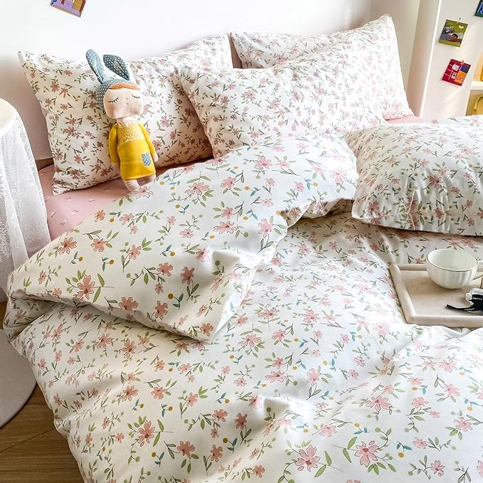 MKXI Garden Floral Comforter Full Peach Blossom Pink White Floral Comforter Set for Girls Botanical Bedding Comforter Pink Flowers Print Comforter Vintage Farmhouse Bed Comforters