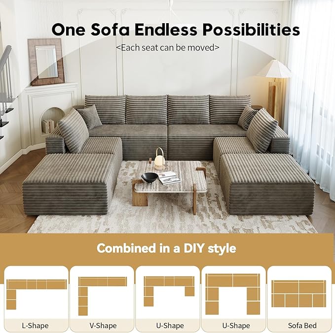 139.4" Modular Sectional Sofa Couch, Oversized U-Shaped Minimalist Couches with 2 Ottomans Chaise and 2 Middle Seats, Modern Deep Seat Cloud Plush Corduroy Sofas Set for Living Room, 8 Seater, Camel