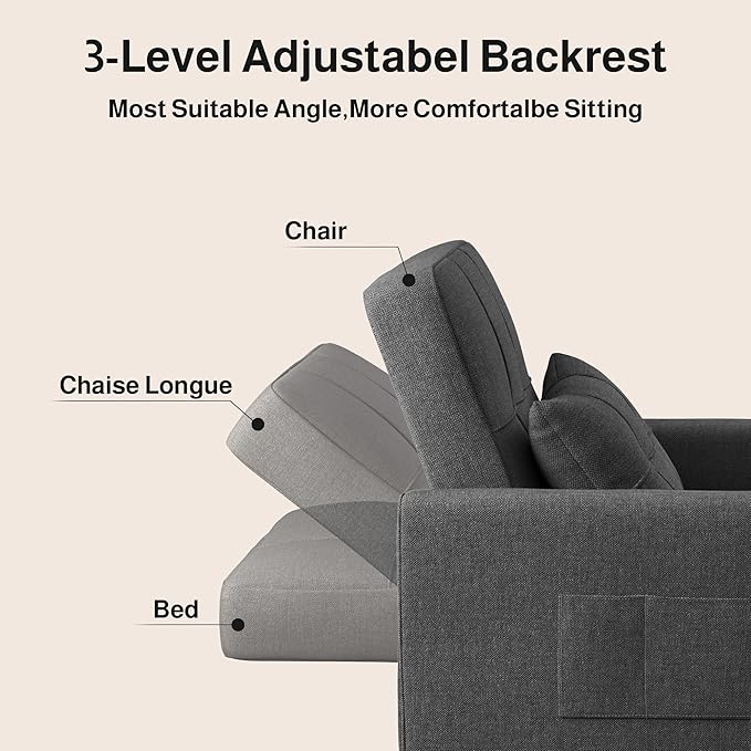 Ahomly Convertible Sofa Bed, 3-in-1 Multi-Functional Sleeper Chair Bed, Adjustable Backrest Recliner with Modern Linen Fabric for Living Room Bedroom Apartment Small Space, Dark Grey