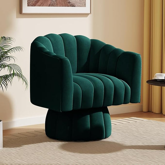 Mid Century 360 Degree Swivel Cuddle Barrel Accent Sofa Chairs, Round Armchairs with Wide Upholstered, Fluffy Velvet Fabric Chair for Living Room, Bedroom, Office, Waiting Rooms, (Green)