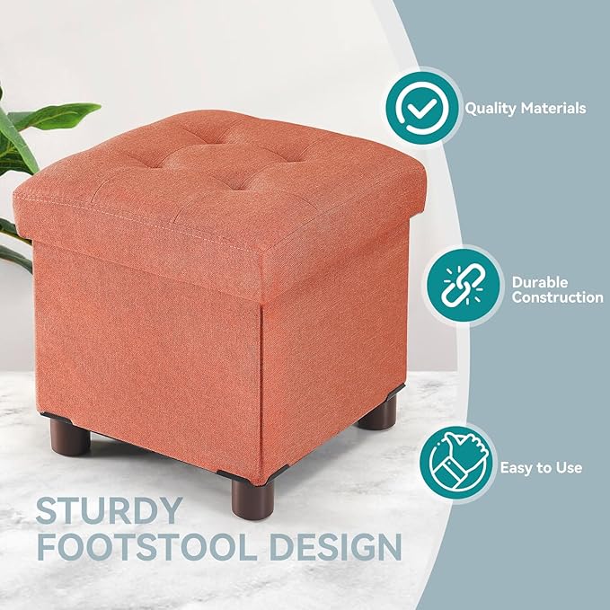 BRIAN & DANY Small Ottoman with Storage, Small Storage Ottoman, Folding Foot Stool with Wood Legs for Living Room and Bedroom Linen Rest Seat, 12.6"x12.6"x12.8" - Orange