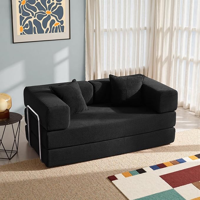 YINIX Foldable Sofa Bed, 62'' Folding Floor Couch, Compressed Convertable Sleeper Sofa, Memory Foam Couch with Pillow Back Support Armrest, 4-in-1 Futon Sofa Bed for Living Room, Black