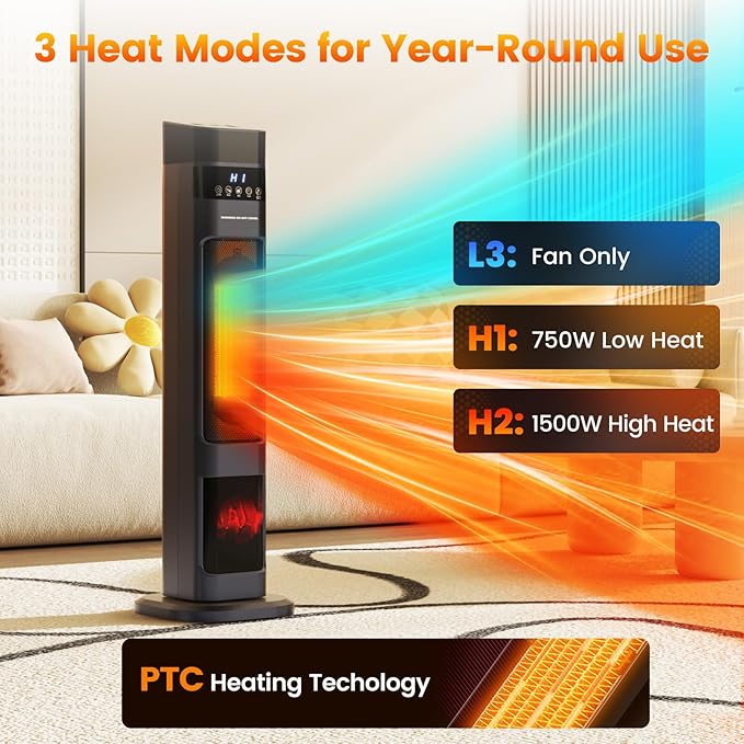 Auertech Space Heater with Humidifier, 3 in 1 Portable Electric Heater with 3D Flame & Water Tank, Oscillating Room Heaters with 12H Timer, 31" Tower Heaters for Indoor Use Large Room, Office, Bedroom