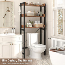 Over The Toilet Storage Rack - 3 Tier Bathroom Organizer with Shelves, Freestanding Space Saver Storage Rack Above Toilet Stand with 4 Hooks for Restroom, Laundry, Rustic Brown