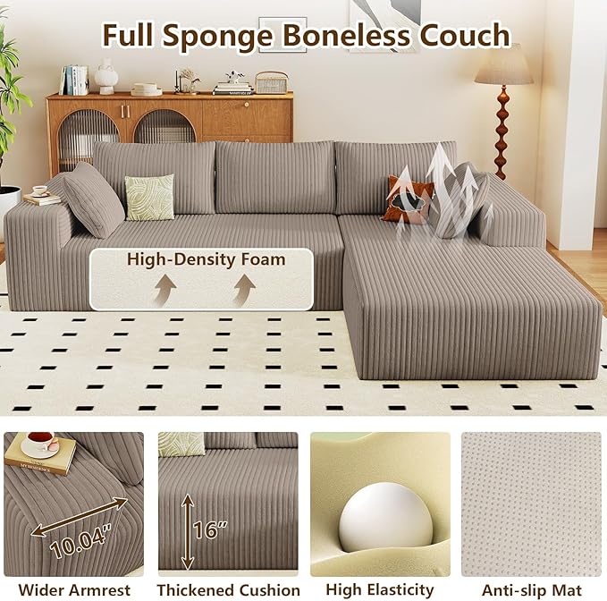 96" Modular Sectional Couch, Boneless L Shaped Cloud Sofa with Chaise Lounge, Corduroy Upholstered Couches Memory Foam Deep Seat, No Assembly Required, Ideal for Living Room(Camel, Right Facing)