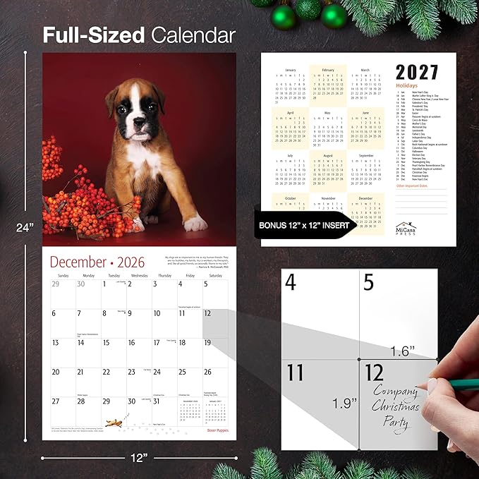 MICASA PRESS Boxer Puppies 2026 Wall Calendar 12 Month | 12" x 24" Open | Thick & Sturdy Paper | Holiday Gift | Cute Puppy Dog Calendar 2026