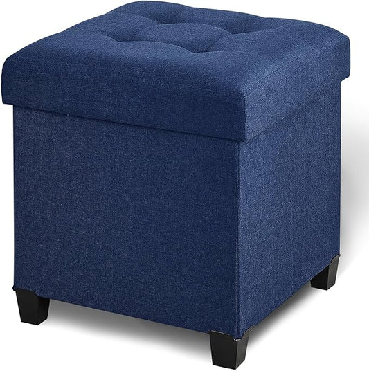 17.7" Ottoman with Storage, Square Storage Ottoman for Dorm, Linen Ottomans with Legs for Living Room, Bedroom, Blue