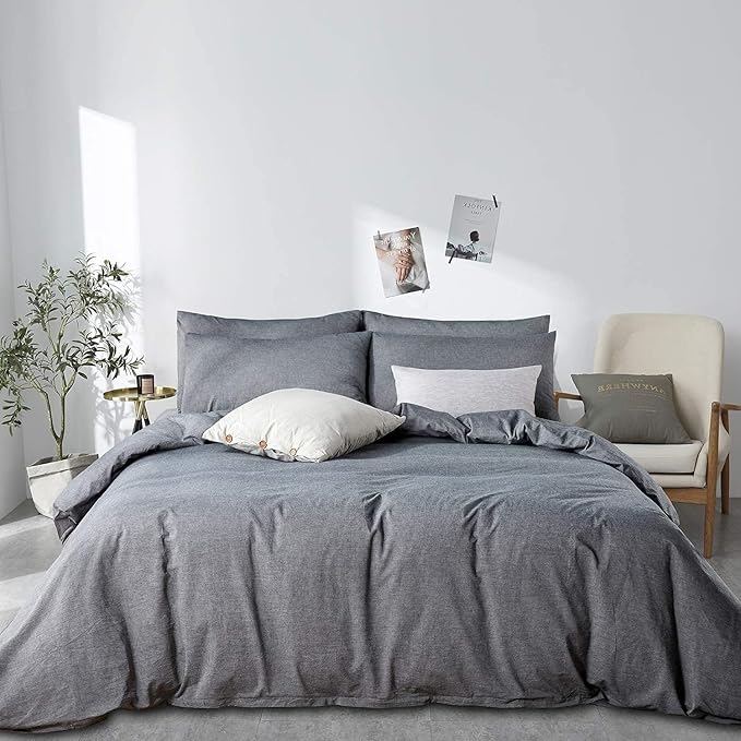 JELLYMONI Black 100% Washed Cotton Duvet Cover Set, 3 Pieces Luxury Soft Bedding Set with Zipper Closure. Solid Color Pattern Duvet Cover Queen Size(No Comforter)