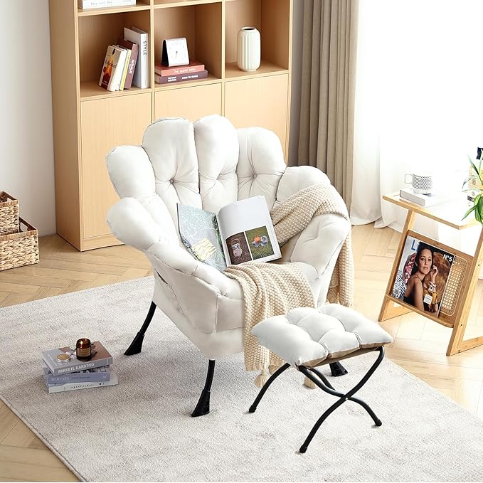 Tiita 2025 Lazy Chair with Ottoman, Modern Floral Upholstered Lounge Armchair, Mid-Century Comfy Reading Chair with Footrest Oversized Armchair for Bedroom, Living Room, Dorm Room, Beige