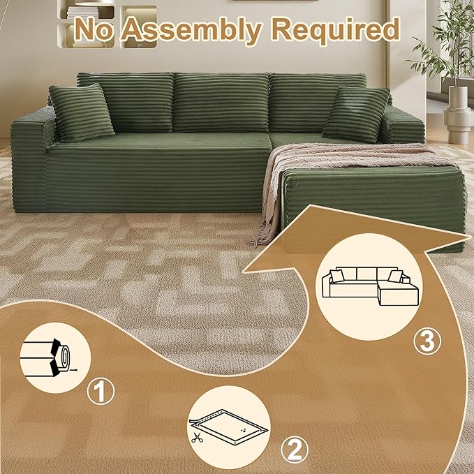 96''Sectional Couches for Living Room,Modern Modular Sectional Sofa,Upholstered Boneless Couch with Pockets,Comfy Cloud Couch with L Shaped Chaise (Green, 105''W Right Facing Chaise)