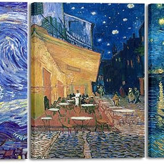 Wieco Art Large 3 Panels Canvas Prints of Vincent Van Gogh Paintings Reproduction Starry Night Over the Rhone Cafe Terrace at Night Canvas Wall Art for Living Room Home Office Decor