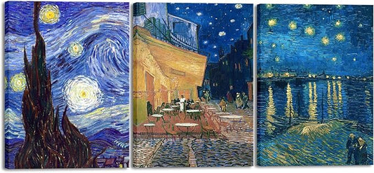 Wieco Art Large 3 Panels Canvas Prints of Vincent Van Gogh Paintings Reproduction Starry Night Over the Rhone Cafe Terrace at Night Canvas Wall Art for Living Room Home Office Decor