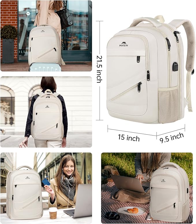 MATEIN Extra Large Backpack for Women, 18 Inch TSA College Backpack with Multiple Compartments & USB Charging Port, 50 L Fashion Work Computer Carryon for Business, Cream Beige