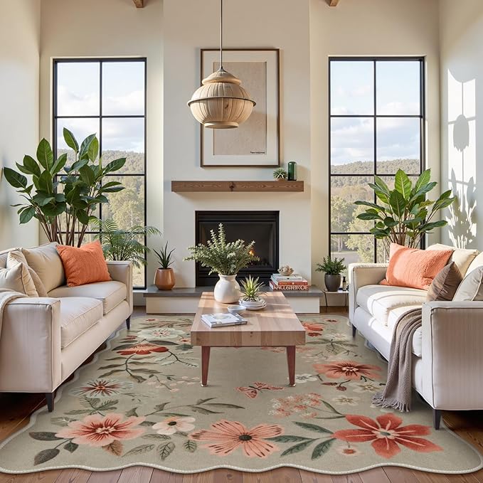 Lahome Floral Washable Rugs 8x10, Non-Slip Soft Bedroom Rug Stain Resistant, Ultra-Thin 8x10 Rugs for Living Room Easy Clean Boho Rug Accent Carpet for Dining Room Office(8x10ft,Brown)