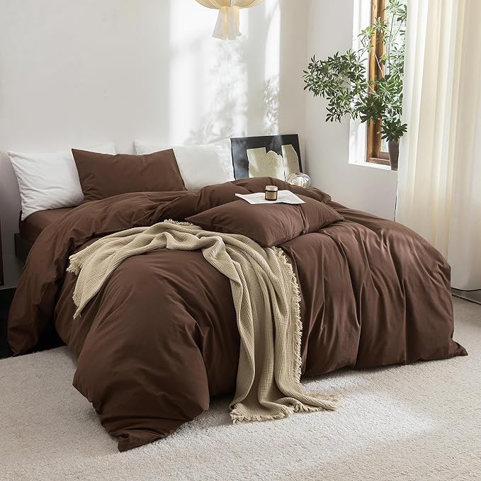 FOSSA Duvet Cover Set 100% Washed Cotton Linen Feel Super Soft Breathable Cozy Simple Style 3 Pieces Bedding Sets Solid Cocoa Brown Super King Plus