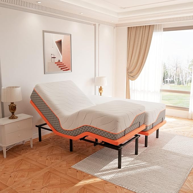 ESHINE Split King Adjustable Bed Frame with Mattress(Medium Soft), Memory Foam Hybrid 14" Mattress, Wireless Remote, APP Control, 5 Minutes Installation, Head and Foot Incline, 2000 Series