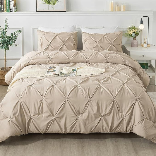Andency Khaki Pinch Pleated Comforter Set King (104x90Inch), 3 Pieces Pintuck Microfiber Down Alternative Beddding Set(1 Pintuck Comforter, 2 Pillowcases)
