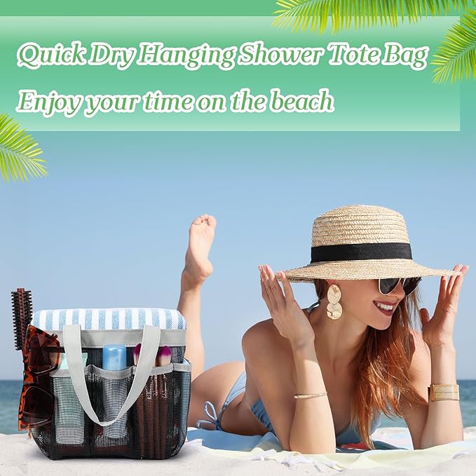 Hillban 4 Pcs Mesh Shower Caddy Portable Large Quick Dry Shower Caddy Basket with Deeper 8 Pockets and 2 Handles Hanging Bag for College Dorm Room(Gray)