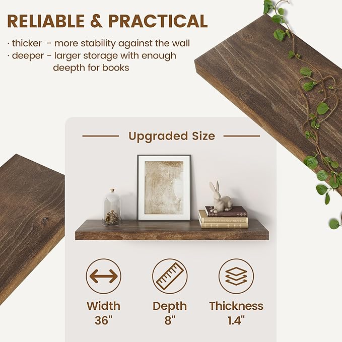 Elm Floating Shelves for Wall Decor, Rustic Solid Wood Shevles Wall Mounted with Invisible Bracket for Living Room Bathroom Bedroom Kitchen, 36 Inch Set of 2, Walnut