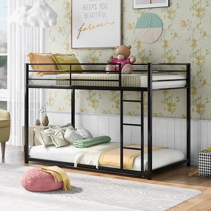 Twin Over Twin Bunk Bed, Low Bunk Bed with Ladder, Metal Bunk Bed with Guardrails, Heavy Duty Metal Bunk Bed Frame for Kids, Boys, Girls, Teens, Noisy Free, No Box Spring Needed， Black