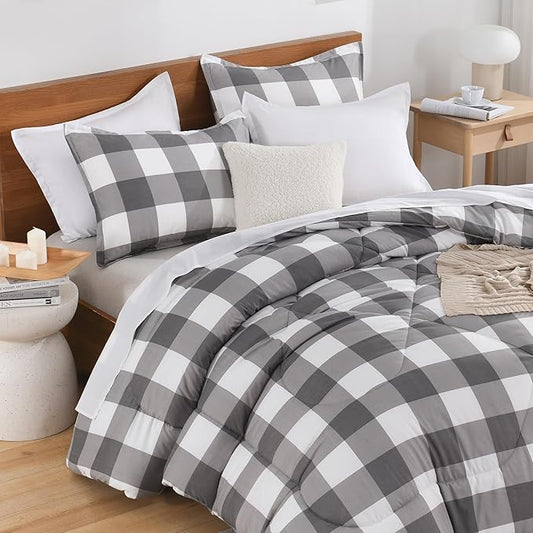 Andency Plaid Comforter Full(79x90Inch), Gray White Checkered Gingham Buffalo Bed Set for Boys Teens, Lightweight Bedding，3 Pieces(1 Comforter & 2 Pillowcases)