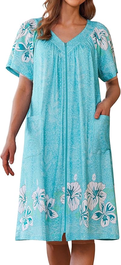 Ekouaer Women Robe Zipper Front Mumu Duster Robes Zip Up Housecoat Soft Sleepwear with Pockets