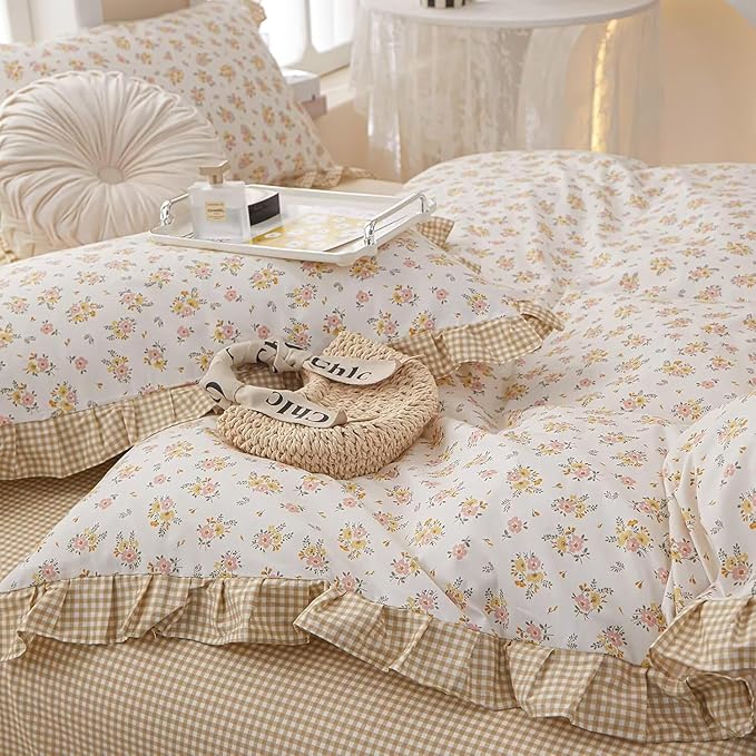 MKXI Queen Size Pink & Yellow Floral Ruffled Comforter Set - 3 Piece Cottagecore Style Reversible Bed Set with Beige Plaid Pattern, Soft Aesthetic Bedding Set for Girls Wome