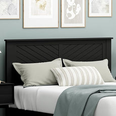 Serene Poplar Wood Queen Size Headboard in Black, Modern Farmhouse Panel with Chevron Scoring, Casual Coastal Style, Easy Assembly, Quality Materials
