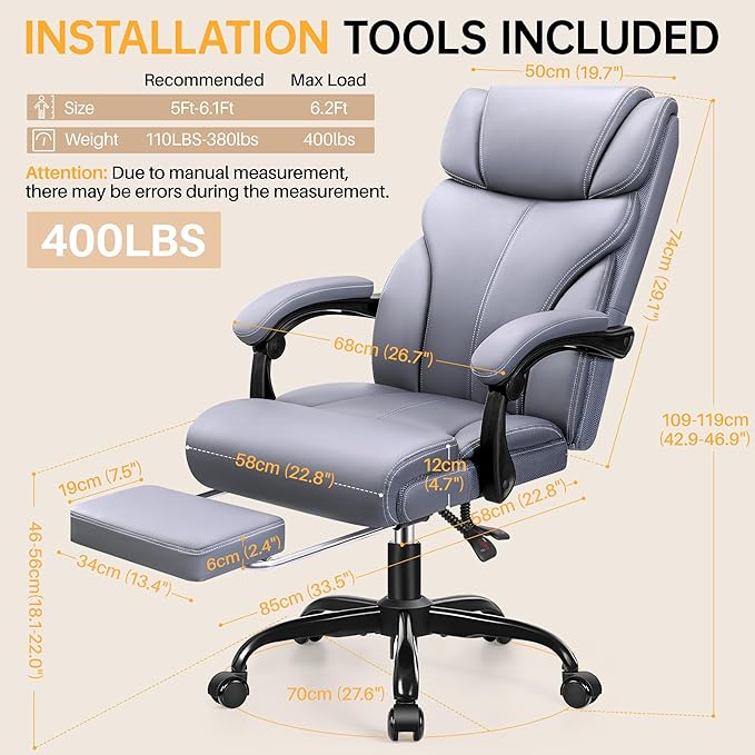 Office Chair, Executive Big and Tall Leather Desk Chairs with Footrest, Ergonomic Breathable Computer Chair with Adjustable High Back, Lumbar Support Swivel PC Chairs with Rocking Function
