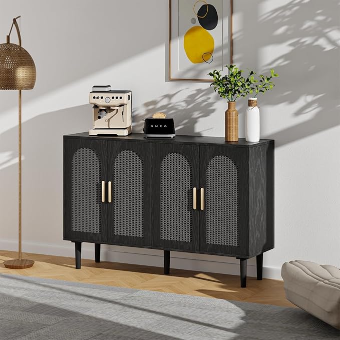 FONTOI Sideboard Cabinet with Rattan Doors, 4 Door Credenza Buffet Cabinet with Storage, Modern Large Kitchen Accent Cabinets for Entryway Living Room & Dining Room, Black Grey
