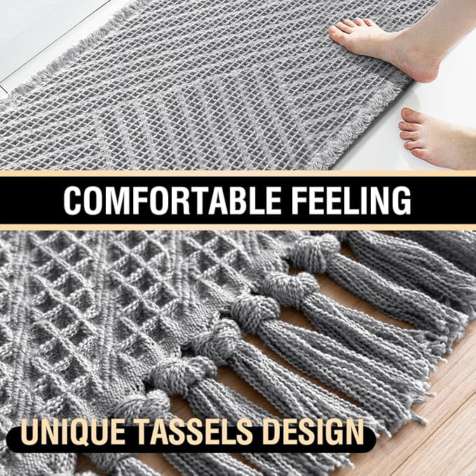 H.VERSAILTEX Waffle Bath Mat Super Absorbent Boho Bath Mat Non Slip Bath Rugs for Bathroom Floor Machine Washable Dry Fast Bathroom Rugs with Tassels (47 x 17 Plus 17 x 24 Inches, Dove)