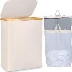 150L Laundry Basket with Lid, Large Laundry Hamper with Bamboo Handle, Collapsible Dirty Clothes Hamper Organizer with Removable Inner Bag for Clothes Toys Towels - Beige