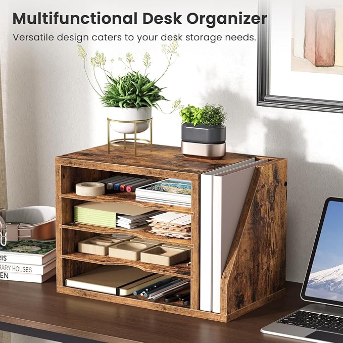 File Organizer Desktop, Wood Desk Organizer with 3 Adjustable Shelves, Mail Paper Sorter for Office, Home, File Holders for Envelopes, Mail Supplies or Magazines, Rustic Brown