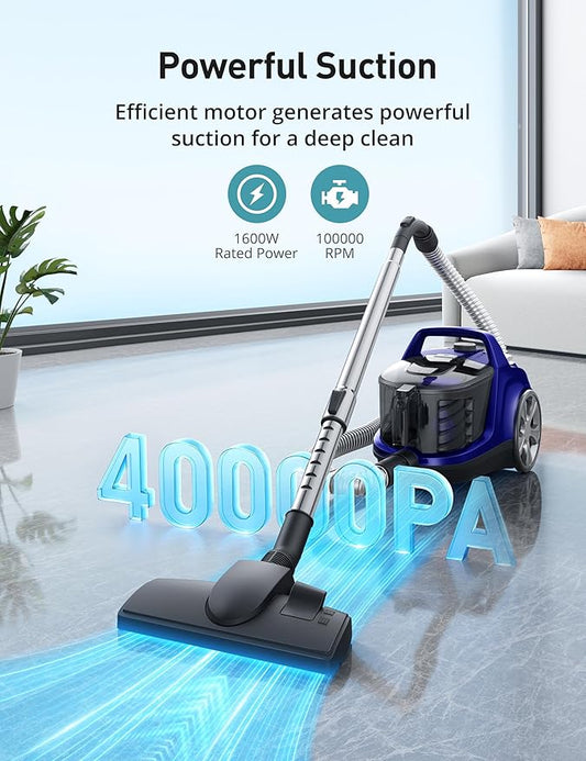 Aspiron Canister Vacuum, Upgraded 1600W Bagless Canister Vacuum Cleaner, Auto Cord Rewind, H13 HEPA Filter, 4Qt Large Capacity, 5 Tools for Hard Floors, Carpet, Pet, Upholstery, Tiles, Indigo