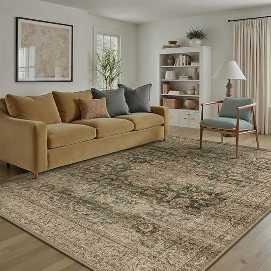 6x9 Washable Vintage Area Rug Green Brown Living Room Bedroom Carpet Non-Slip Soft Low Pile Distressed Indoor Throw Rug for Dining Room Entryway Office