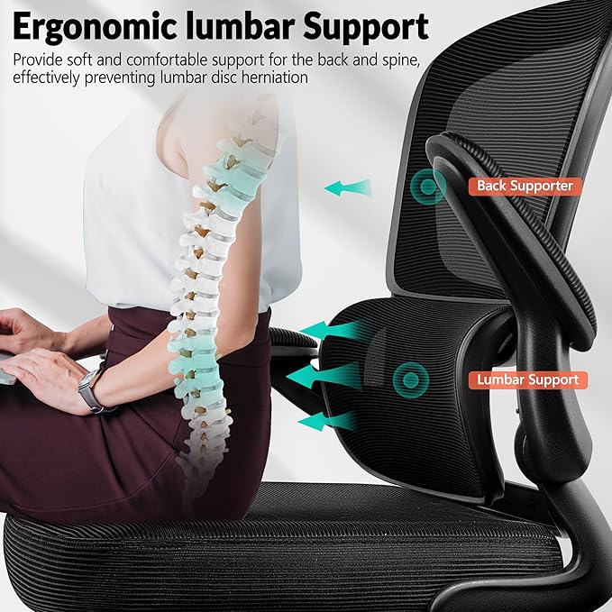 Office Chair Ergonomic Desk Chair, Breathable Mesh Comfy Chair with Lumbar Support, Computer Chair, Home Desk Chair with Flip-up Armrests, Gaming Chair for Adults Home Office (Black)