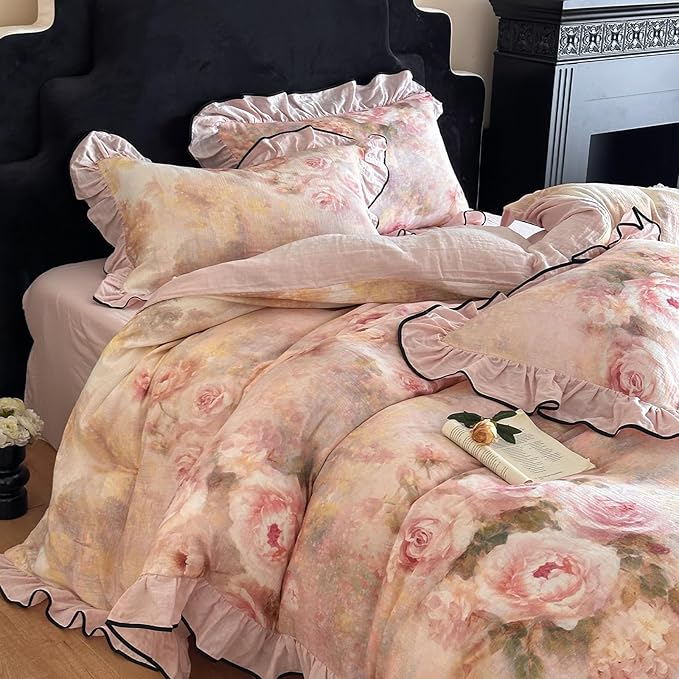 HighBuy Rose Floral Linen Duvet Cover Full Size,Boho Chic Floral Bedding with Ruffle Design, Breathable & Durable Bedding,Farmhouse Cooling Comforter Cover Sets 1 Duvet Cover and 2 Pillowcases