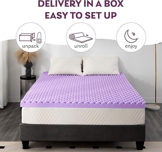 2 Inch Egg Crate Queen Memory Foam Mattress Topper, Lavender Scent Gel Infused Foam Mattress Topper for Pressure Relief, CertiPUR-US Certified Queen Bed Topper, Purple, 60"×80"