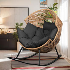 Vongrasig Comfy Wicker Rocking Egg Chair, Soft Thick Cushion Rattan Lounge Chair, High Capacity Steel Frame, Reading Chair for Living Room, Bedroom, Dorm Rooms (Black)