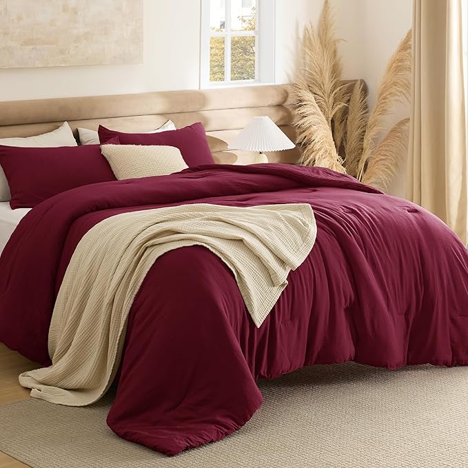 Bedsure King Size Comforter Set, Dark Red Soft Prewashed Bedding for All Seasons, 3 Pieces GentleSoft™ Warm Down Alternative Bed Set, 1 Lightweight Comforter (104"x90") and 2 Pillowcases (20"x36")