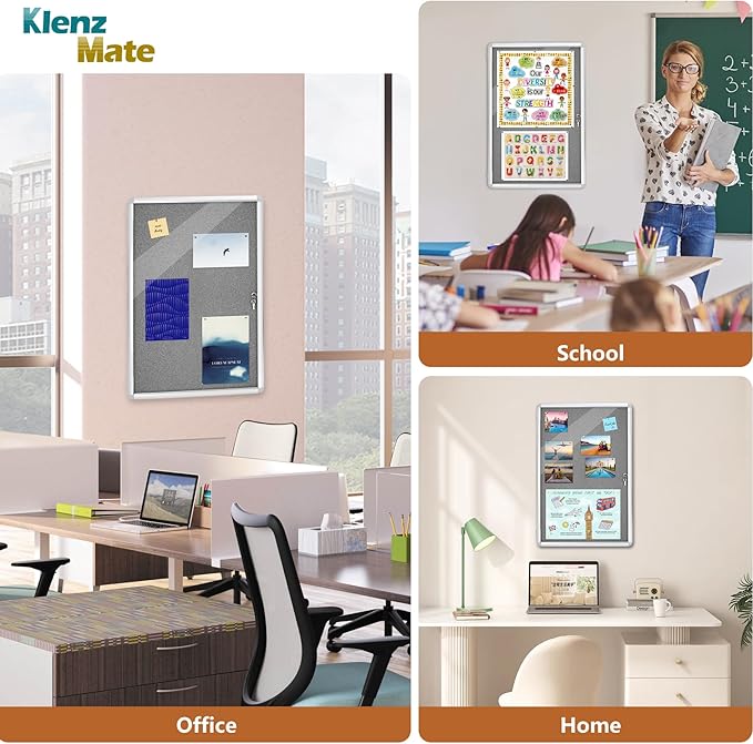 36"x24" Enclosed Bulletin Board Tamper-Proof Dispaly Case,Grey Fabric&Aluminium Frame,Shatter Resistant Lockable Bulletin Board with Clear Acrylic Door for School,Office,Mall,Community,Hospital,Church