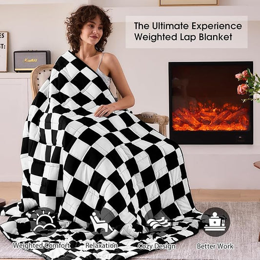 Black Checkered Weighted Blanket for Adults 20lbs, 48"x72", Twin Full Size Cooling Plaid Heavy Throw Blanket for 130-220lbs, Microfiber Soft Thick Big Blankets Weighted Comforter Gift for Sleeping
