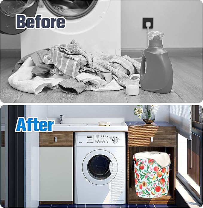 Cute Peach Laundry Basket Foldable Oxford Cloth Funny Tote Bag Laundry Hamper Clothes Storage Bucket Organizer For Bathroom/Laundry Storage/Bedroom Storage Basket 17.7x13.7 Inch