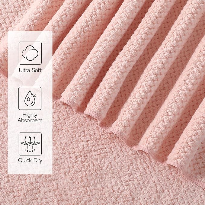 REDKISS 4 Pack Pink Bath Towels, 35 x 70 in Extra Large Coral Fleece Bath Towel Set, Super Soft Highly Absorbent Plush Bathroom Towels for Adults, Quick Dry Towel Set for Spa, Gym, Travel