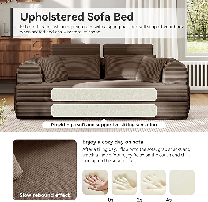 Upgrade High Backrest Design Sofa Bed with Fixed-Shape Frame & Removable Armrests and Backrest, Corduroy Fabric, Convertible Mattress Couch for Small Spaces - No Assembly Neede (High Backrest Brown)