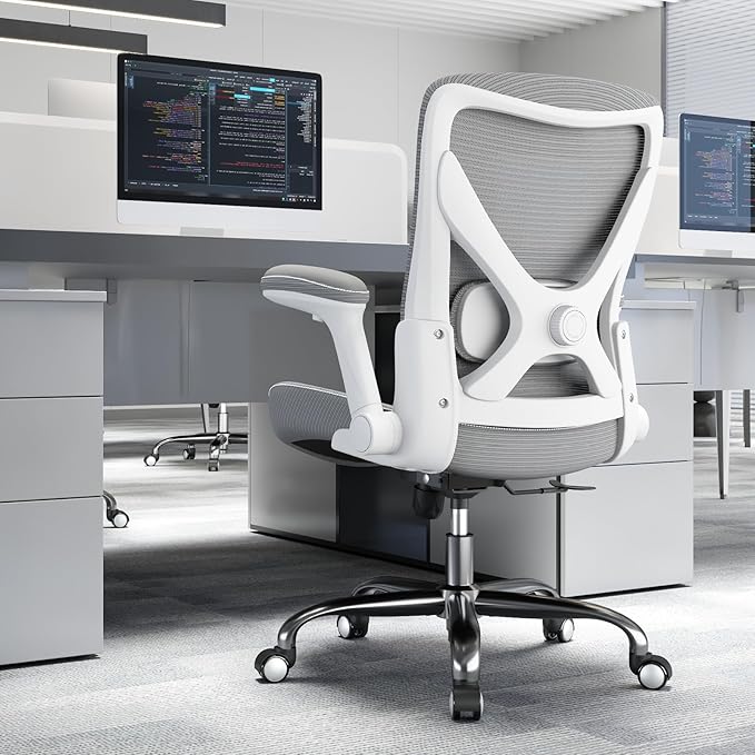 Office Home Ergonomic Desk Chair-Computer X-Shaped Chair Mesh PU Leather with Adjustable Lumbar Support-Executive Chair High Back Flip-Up Arms for Long Hours (White-Grey-No Headrest)