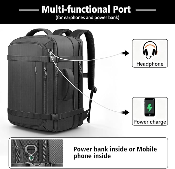 Carry On Backpack,50-60L Expandable Large Capacity Travel Backpack with Cable Access Port Fits18.4 Inch Laptop,Water Resistant Weekender Backpack for Men Women Business College Hiking Commuting,Black